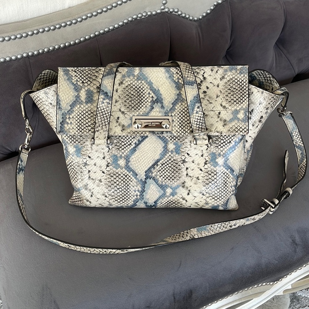 Henri Bendel icon large satchel in blue python print leather RARE